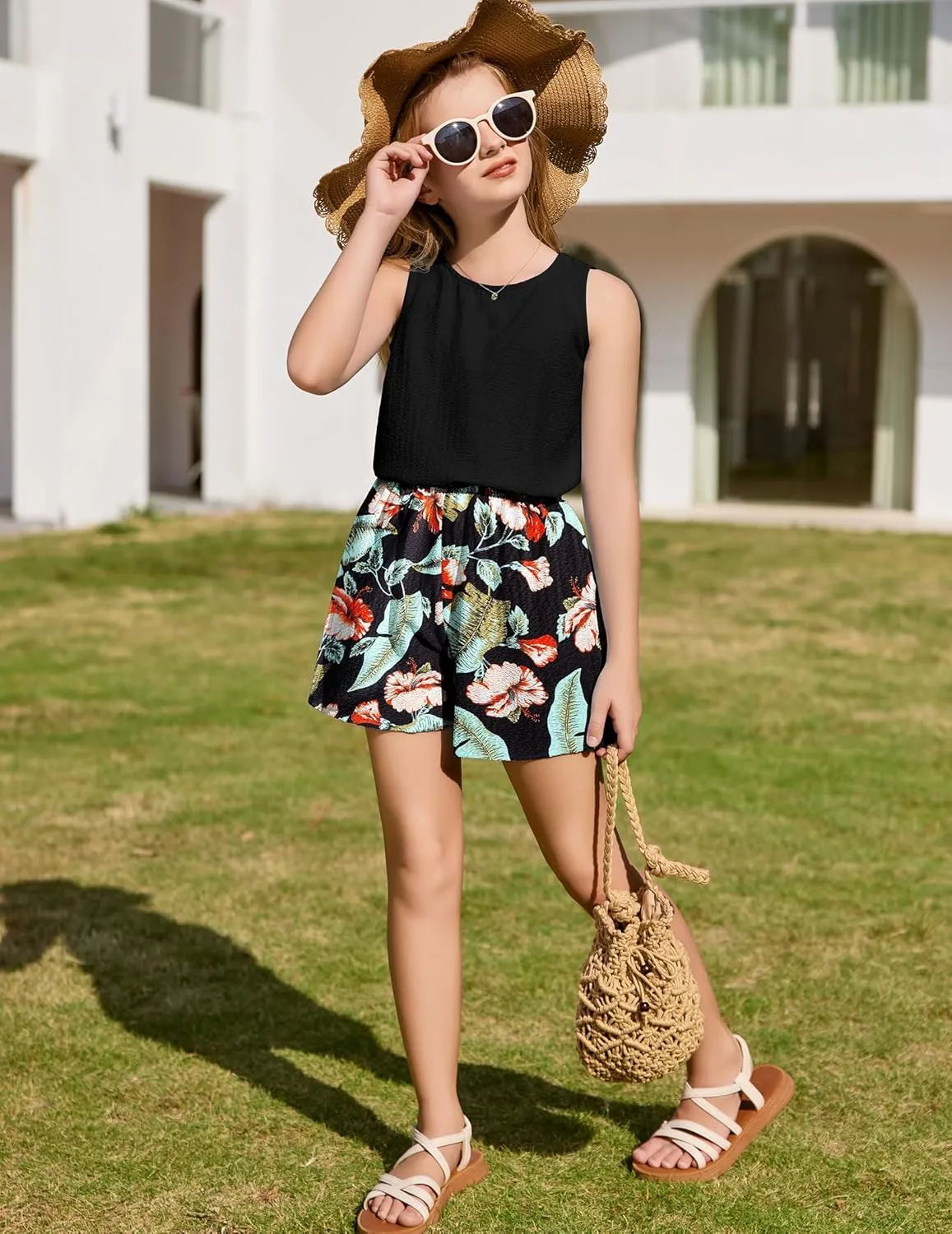 Arshiner Girls Summer 2 Piece Outfit Sleeveless Top and Shorts Set