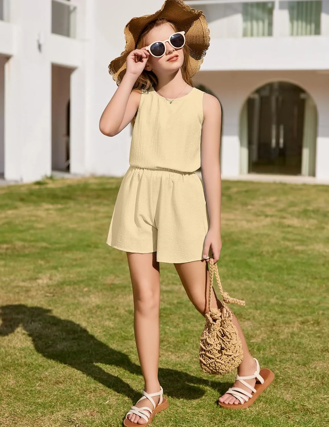 Arshiner Girls Summer 2 Piece Outfit Sleeveless Top and Shorts Set