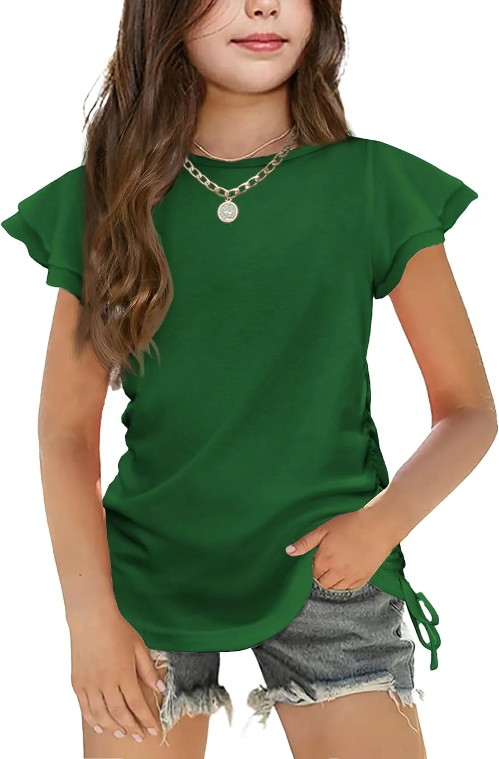 Arshiner Girls T Shirts Ruffle Short Sleeve Ruched Knot Side Tunic Blouse