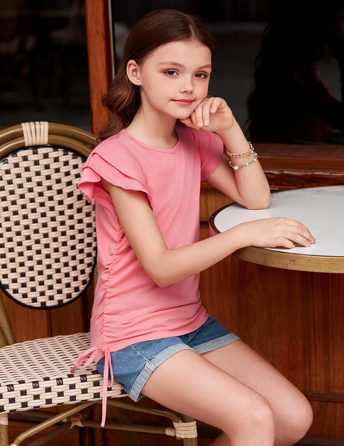 Arshiner Girls T Shirts Ruffle Short Sleeve Ruched Knot Side Tunic Blouse