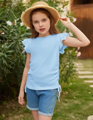 Arshiner Girls T Shirts Ruffle Short Sleeve Ruched Knot Side Tunic Blouse