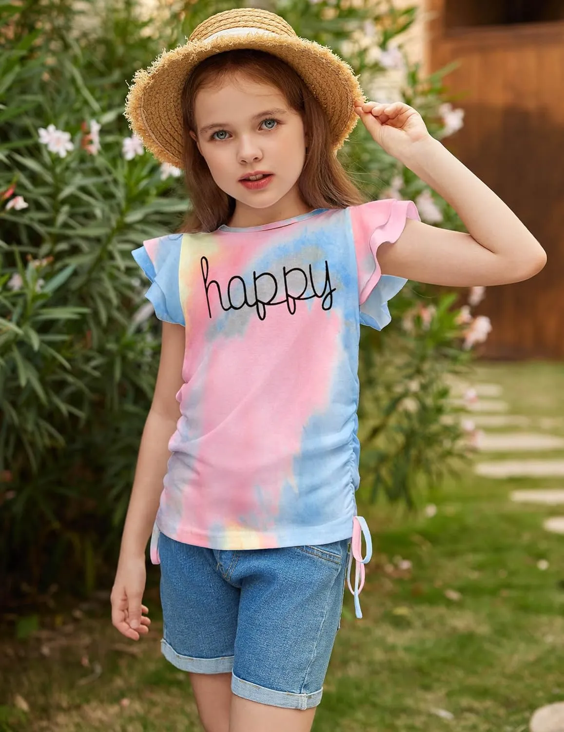 Arshiner Girls T Shirts Ruffle Short Sleeve Ruched Knot Side Tunic Blouse