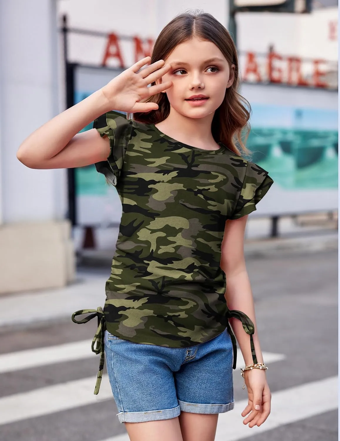Arshiner Girls T Shirts Ruffle Short Sleeve Ruched Knot Side Tunic Blouse