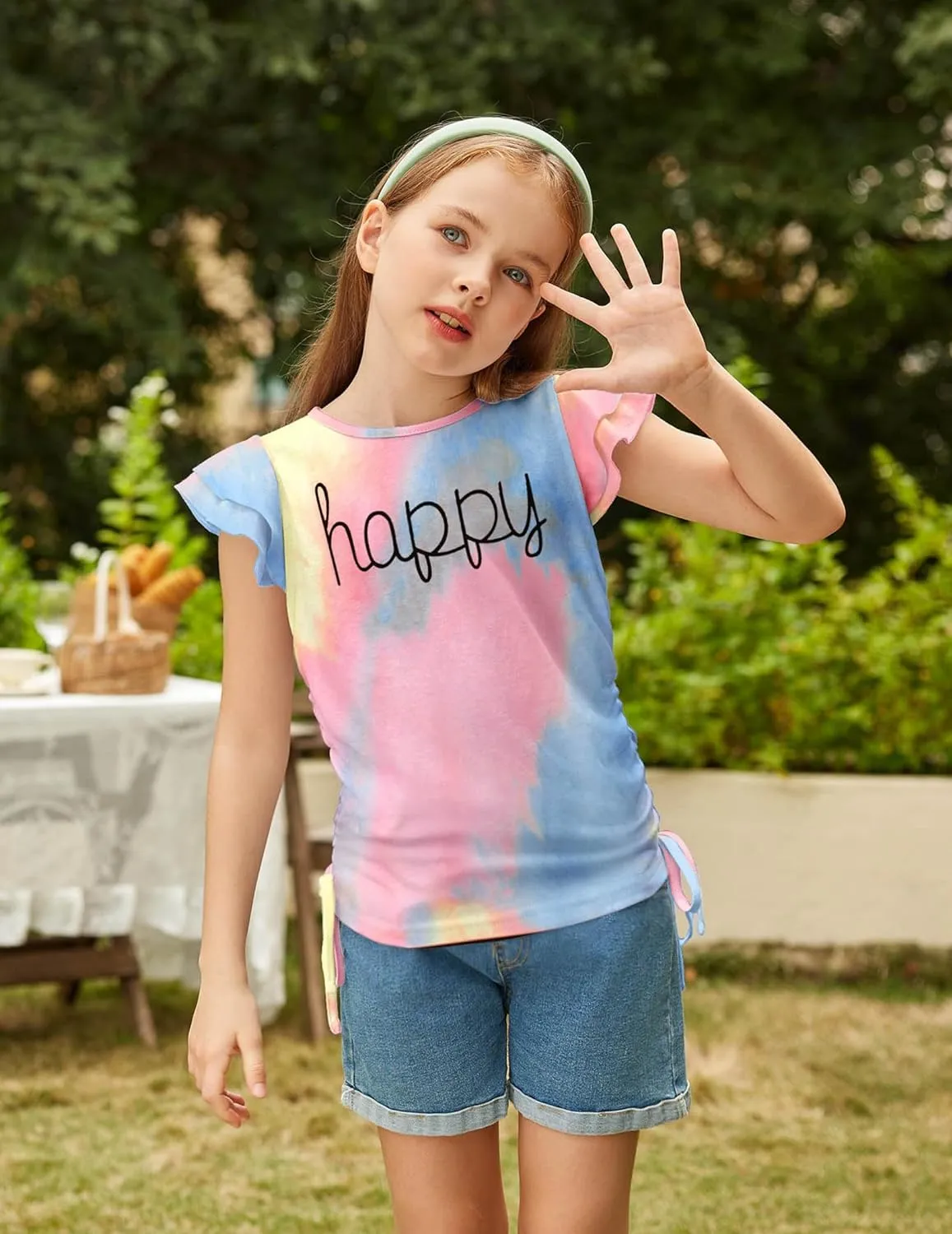 Arshiner Girls T Shirts Ruffle Short Sleeve Ruched Knot Side Tunic Blouse