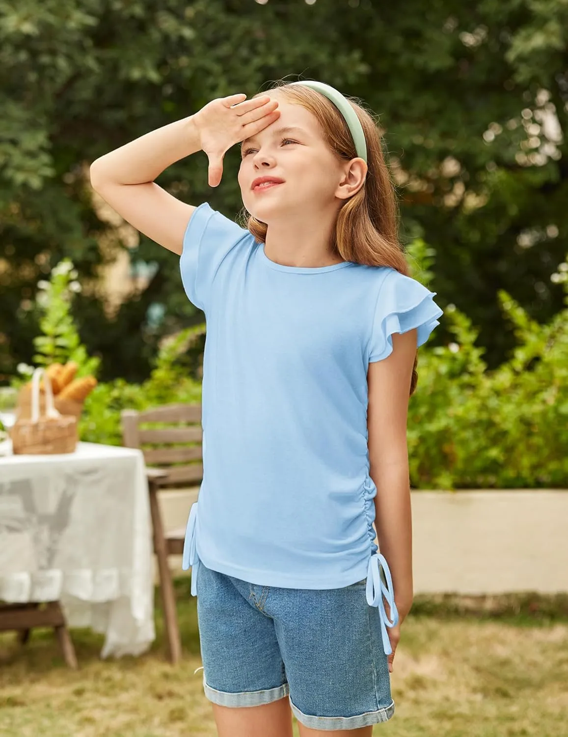 Arshiner Girls T Shirts Ruffle Short Sleeve Ruched Knot Side Tunic Blouse