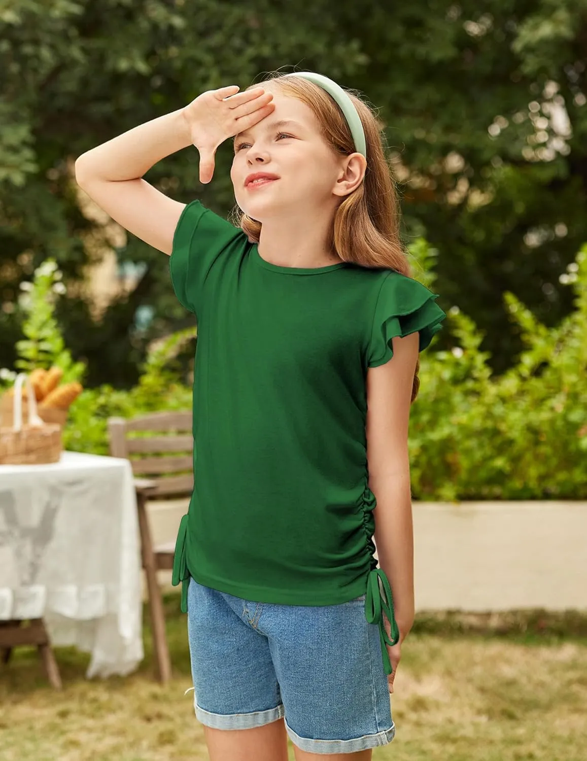 Arshiner Girls T Shirts Ruffle Short Sleeve Ruched Knot Side Tunic Blouse