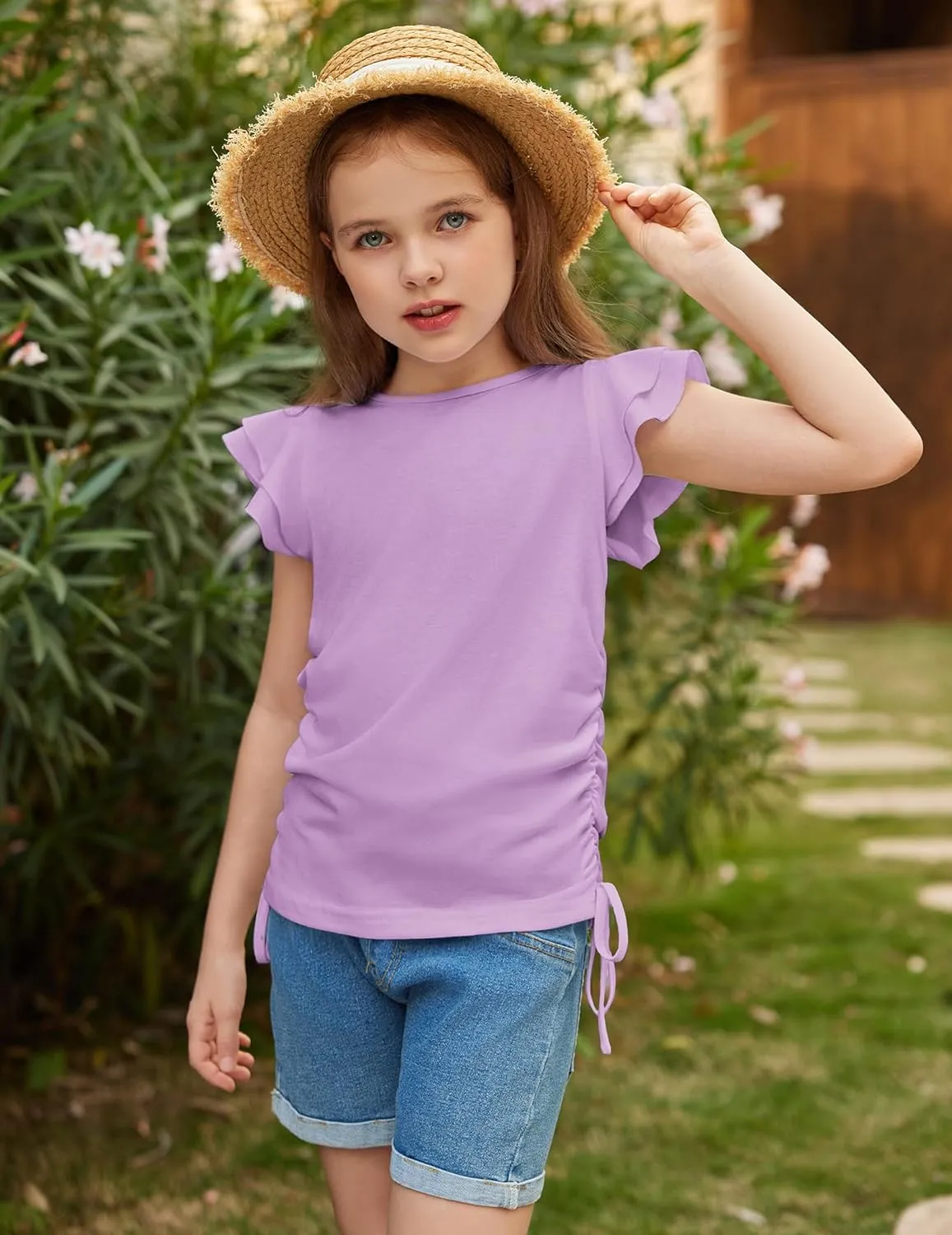 Arshiner Girls T Shirts Ruffle Short Sleeve Ruched Knot Side Tunic Blouse