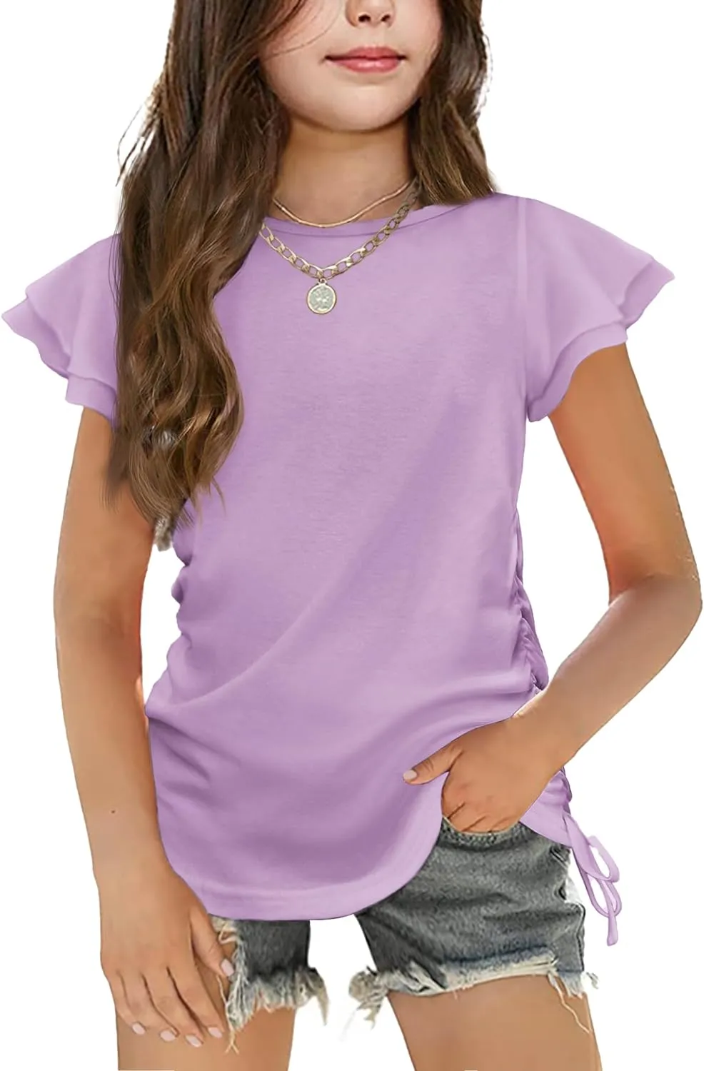 Arshiner Girls T Shirts Ruffle Short Sleeve Ruched Knot Side Tunic Blouse