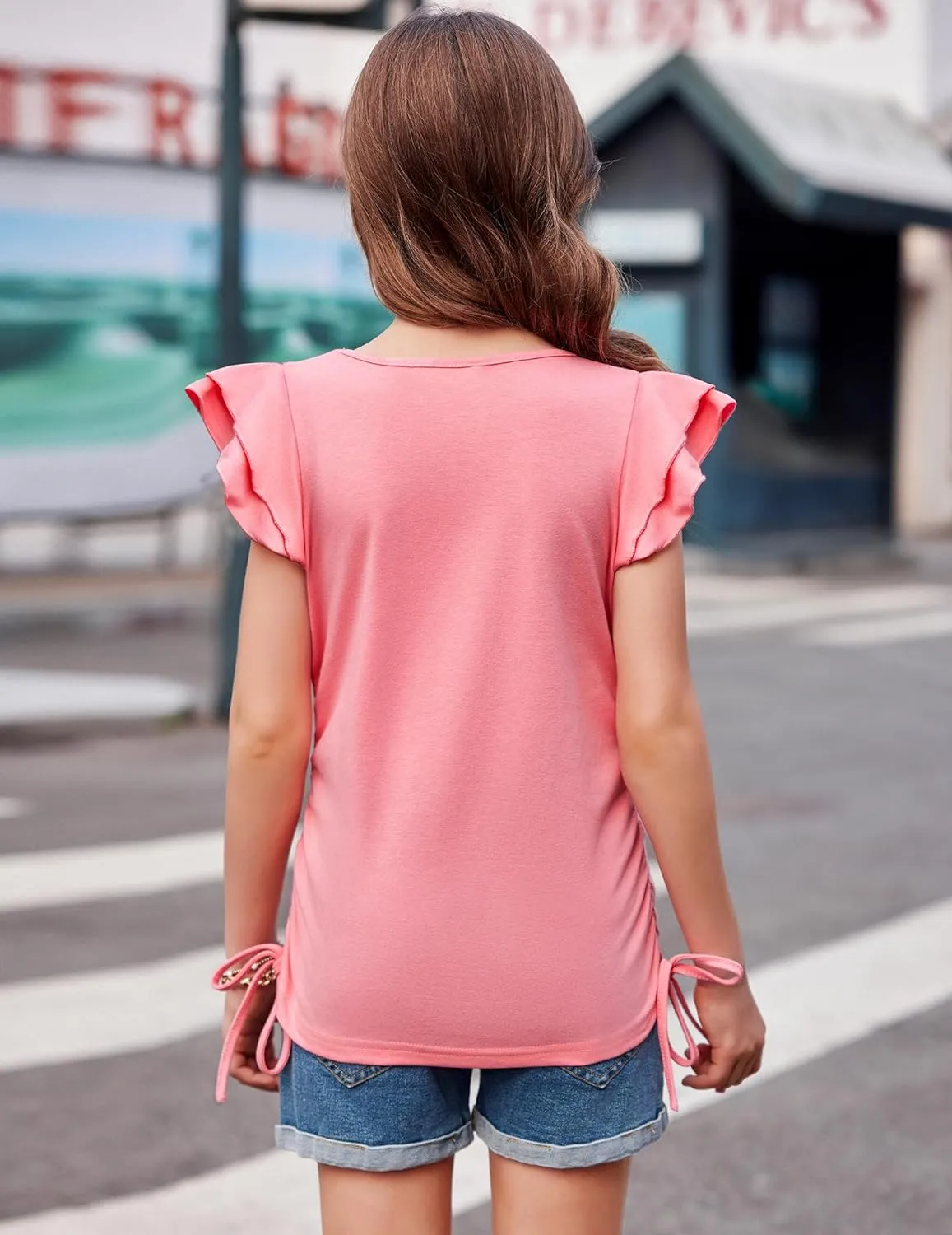 Arshiner Girls T Shirts Ruffle Short Sleeve Ruched Knot Side Tunic Blouse