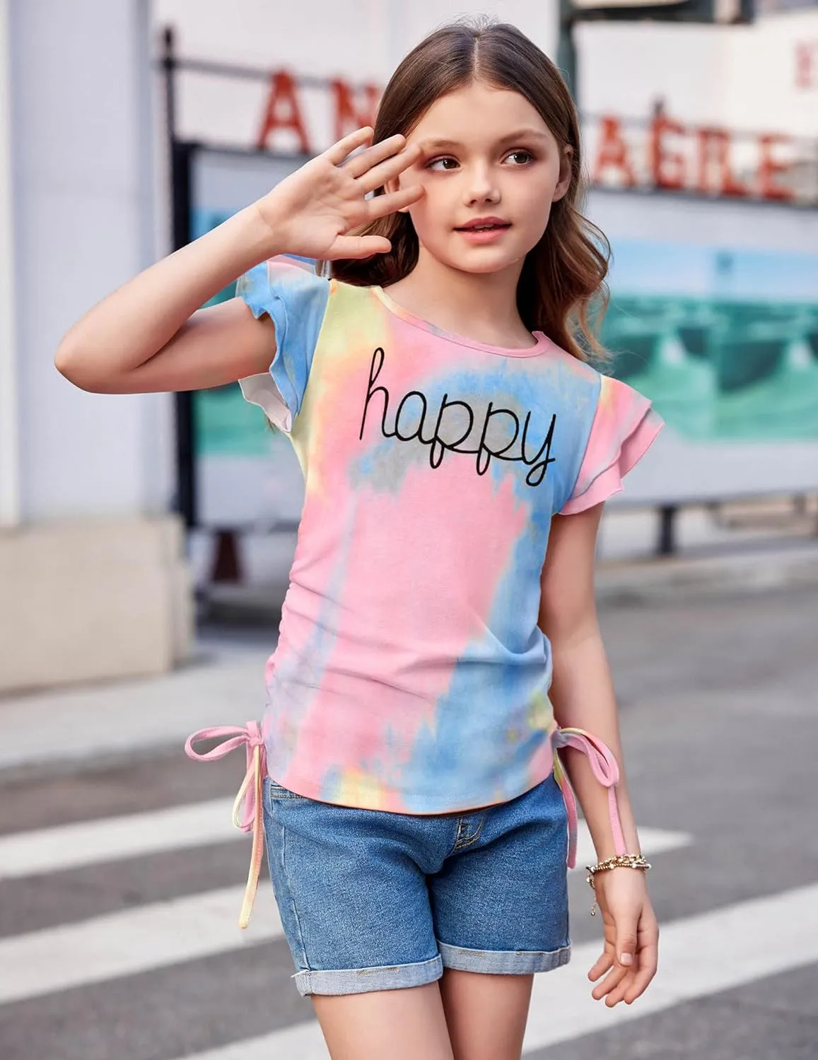 Arshiner Girls T Shirts Ruffle Short Sleeve Ruched Knot Side Tunic Blouse