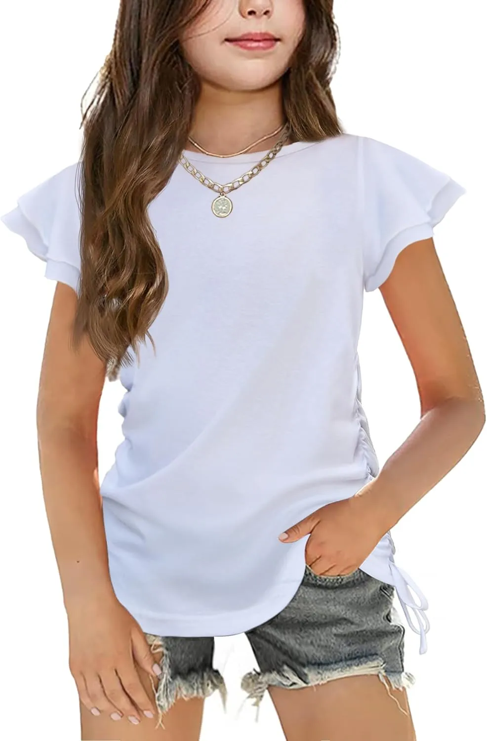 Arshiner Girls T Shirts Ruffle Short Sleeve Ruched Knot Side Tunic Blouse