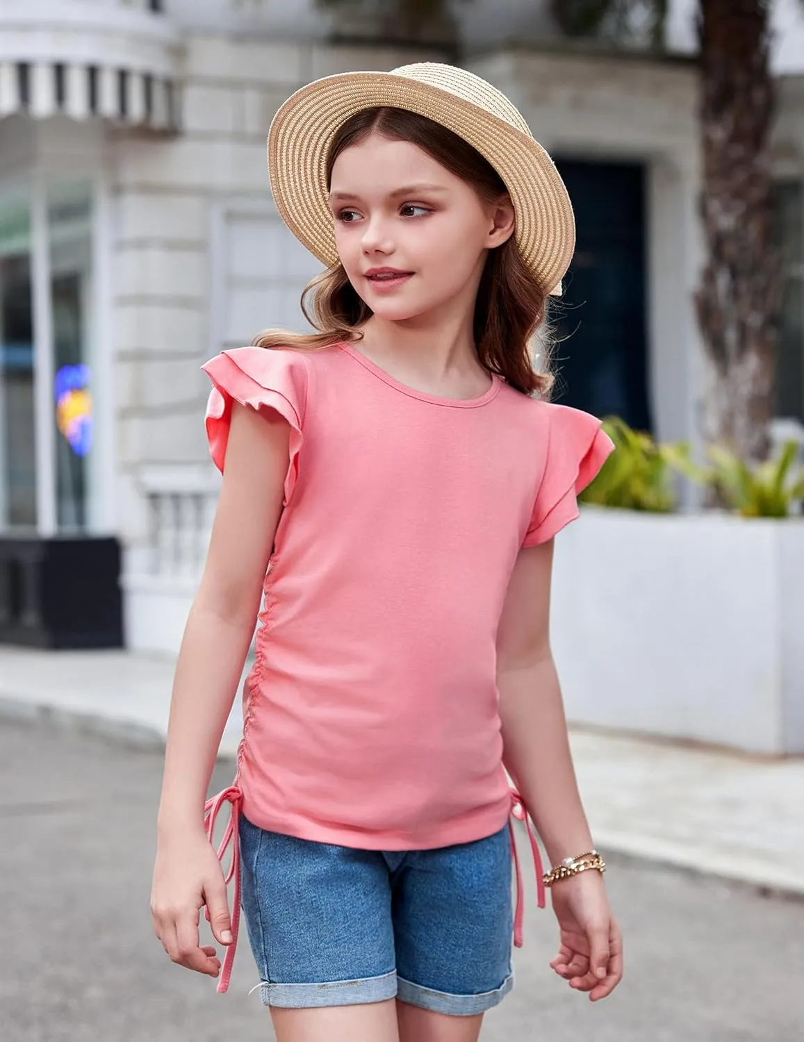 Arshiner Girls T Shirts Ruffle Short Sleeve Ruched Knot Side Tunic Blouse