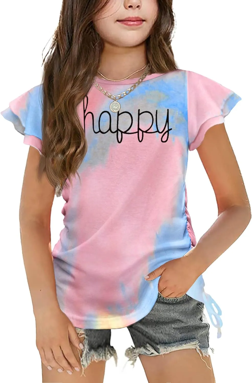 Arshiner Girls T Shirts Ruffle Short Sleeve Ruched Knot Side Tunic Blouse