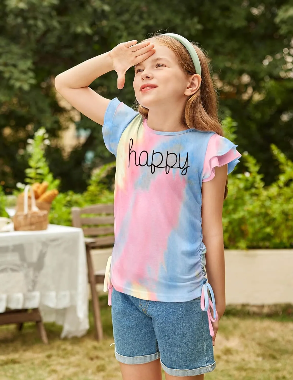 Arshiner Girls T Shirts Ruffle Short Sleeve Ruched Knot Side Tunic Blouse