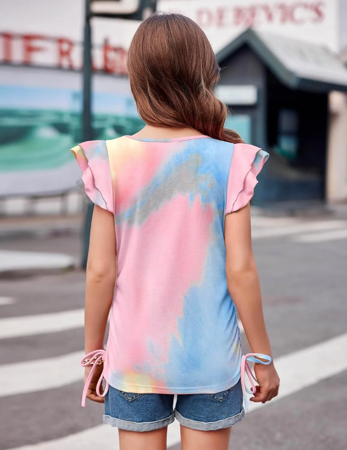 Arshiner Girls T Shirts Ruffle Short Sleeve Ruched Knot Side Tunic Blouse