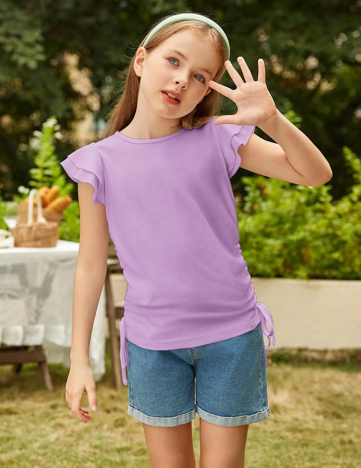 Arshiner Girls T Shirts Ruffle Short Sleeve Ruched Knot Side Tunic Blouse