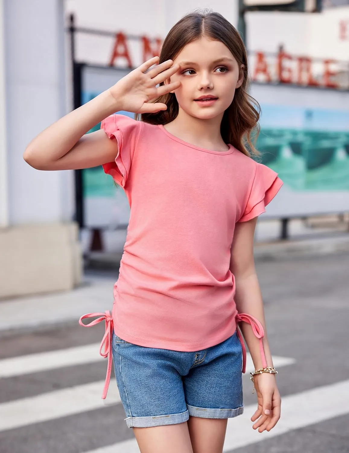 Arshiner Girls T Shirts Ruffle Short Sleeve Ruched Knot Side Tunic Blouse