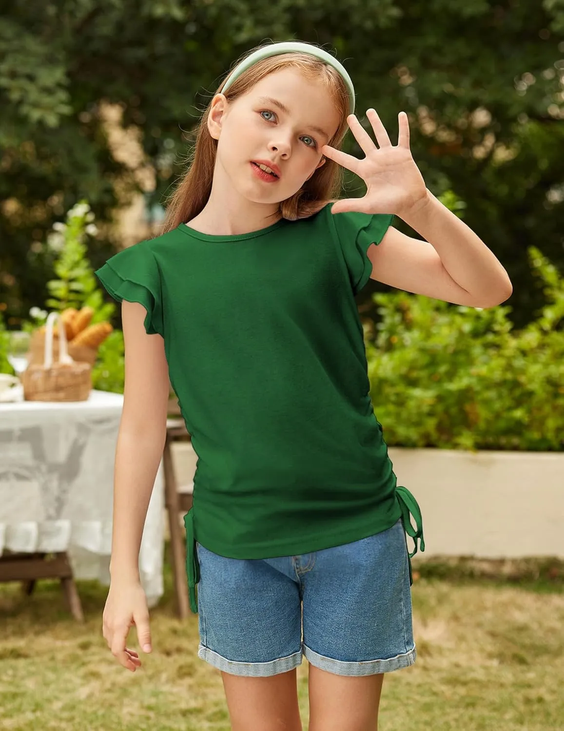 Arshiner Girls T Shirts Ruffle Short Sleeve Ruched Knot Side Tunic Blouse