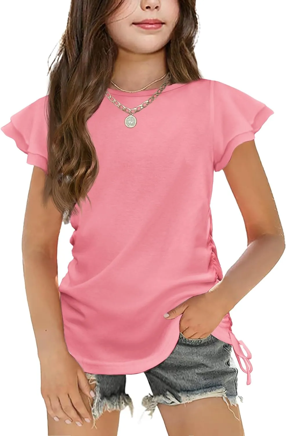 Arshiner Girls T Shirts Ruffle Short Sleeve Ruched Knot Side Tunic Blouse