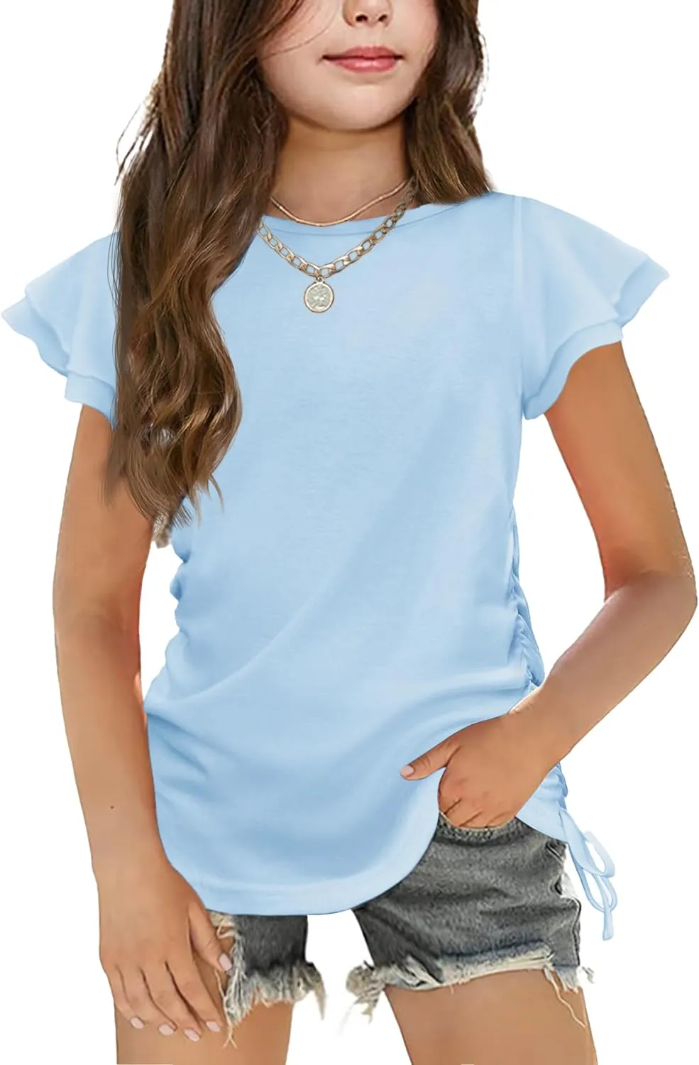 Arshiner Girls T Shirts Ruffle Short Sleeve Ruched Knot Side Tunic Blouse