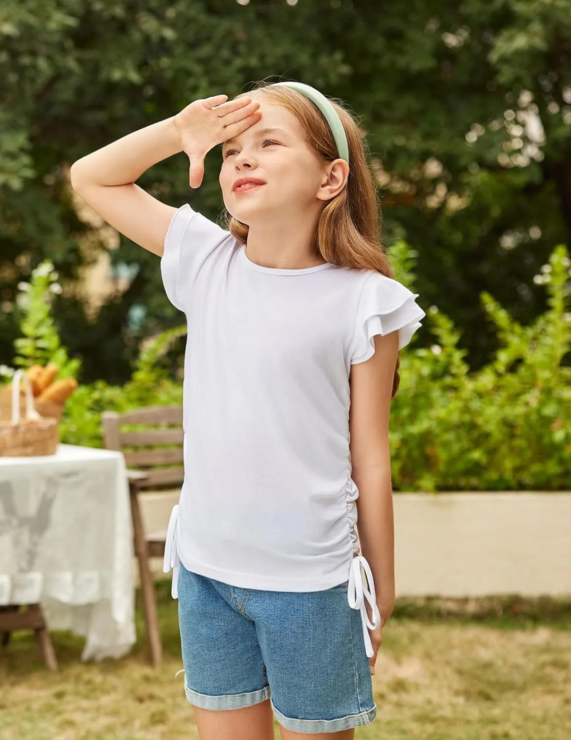 Arshiner Girls T Shirts Ruffle Short Sleeve Ruched Knot Side Tunic Blouse