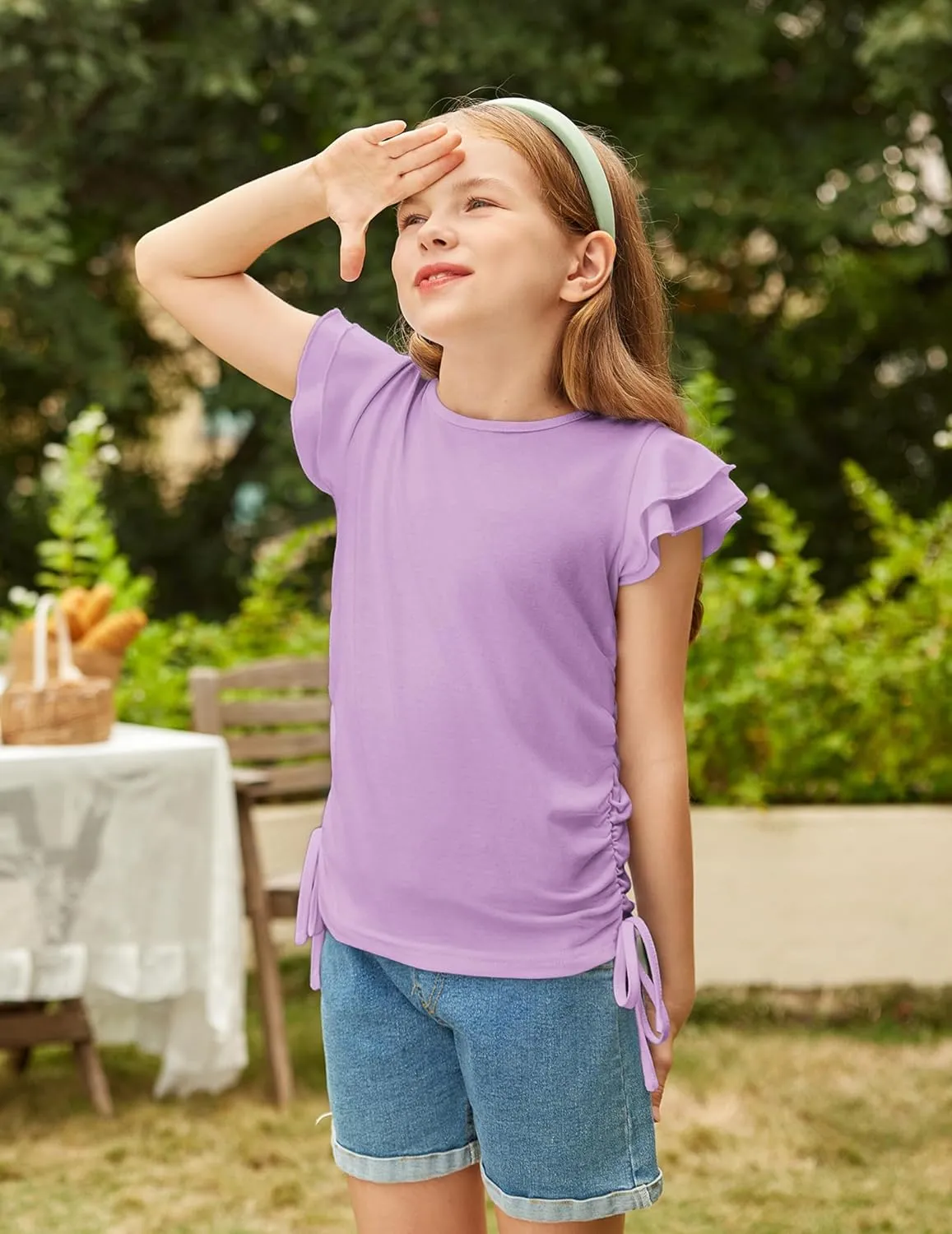 Arshiner Girls T Shirts Ruffle Short Sleeve Ruched Knot Side Tunic Blouse