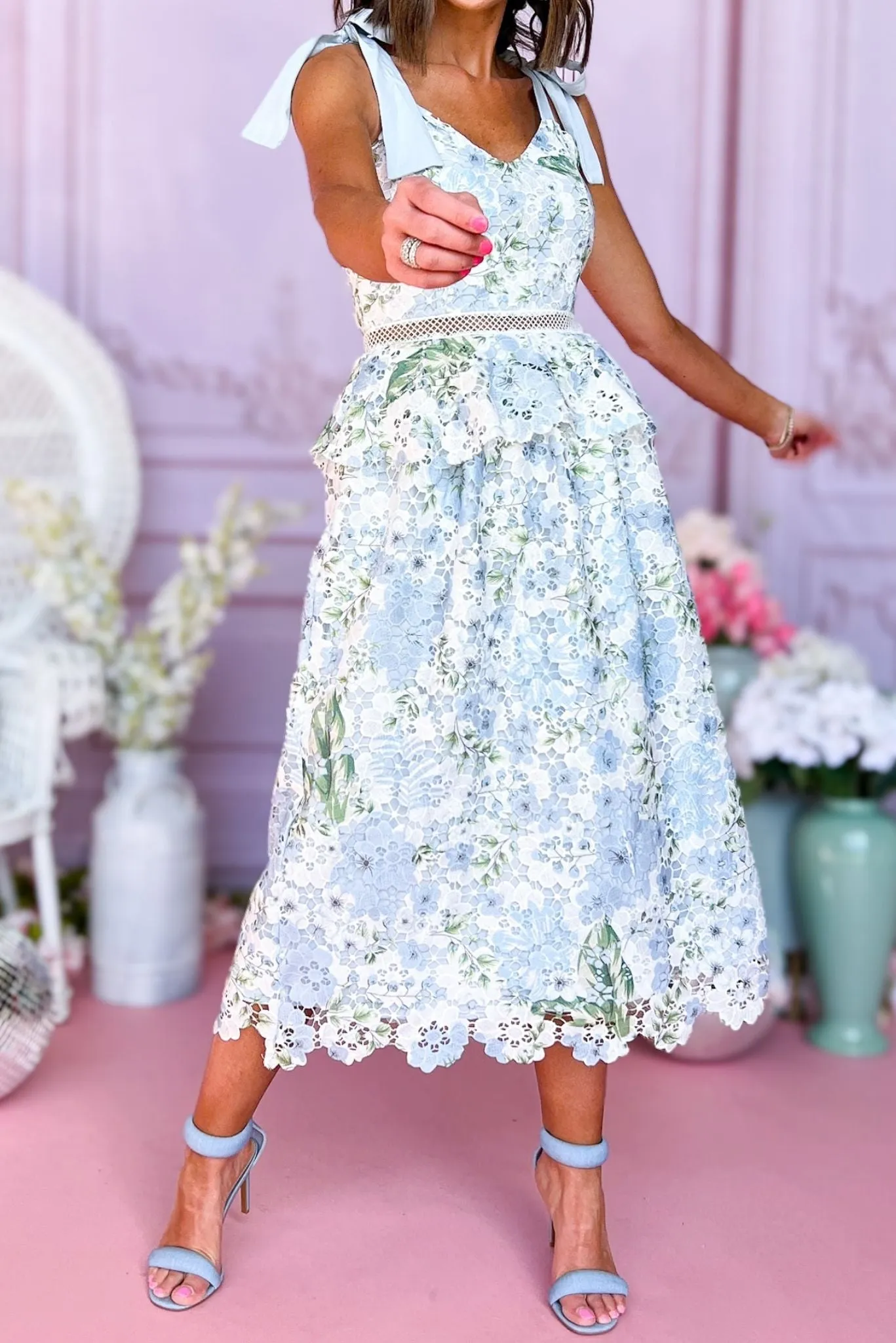 Blue Multi Crochet Lace Ruffle Midi Dress
