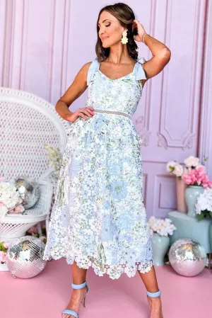 Blue Multi Crochet Lace Ruffle Midi Dress