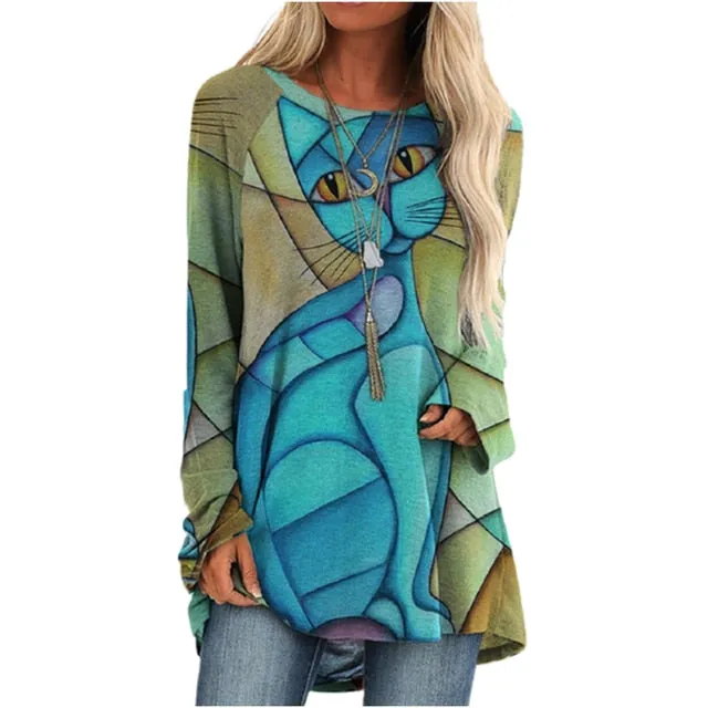 Cartoon Cats On The Tree Print Tshirt Long Sleeve Women Tops Plus Size
