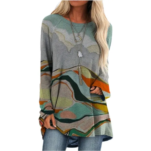 Cartoon Cats On The Tree Print Tshirt Long Sleeve Women Tops Plus Size