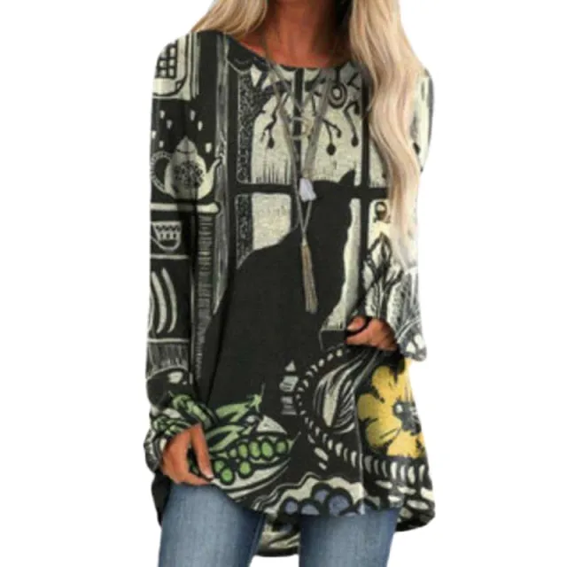 Cartoon Cats On The Tree Print Tshirt Long Sleeve Women Tops Plus Size