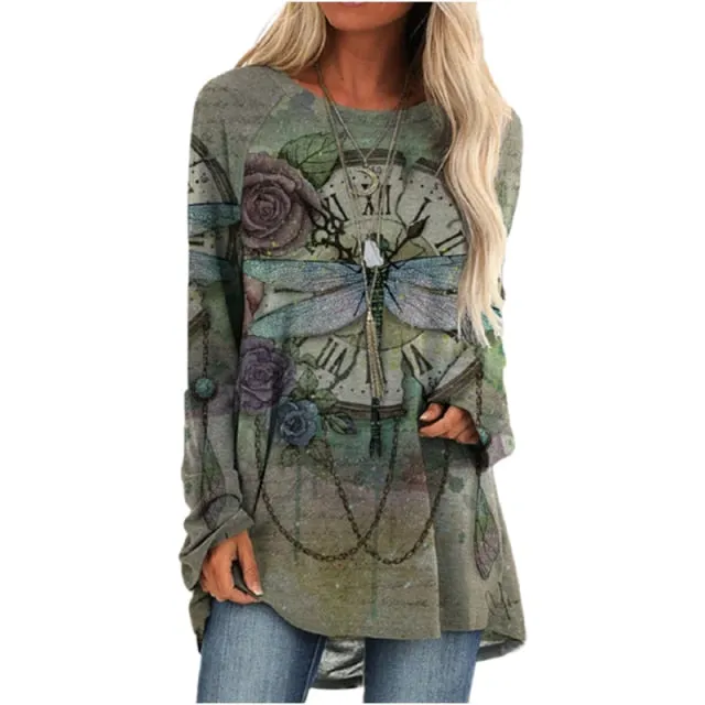 Cartoon Cats On The Tree Print Tshirt Long Sleeve Women Tops Plus Size