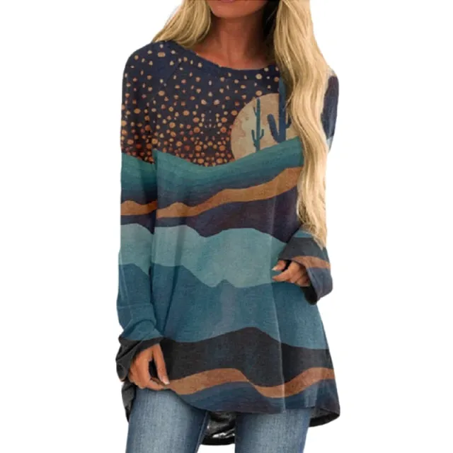 Cartoon Cats On The Tree Print Tshirt Long Sleeve Women Tops Plus Size