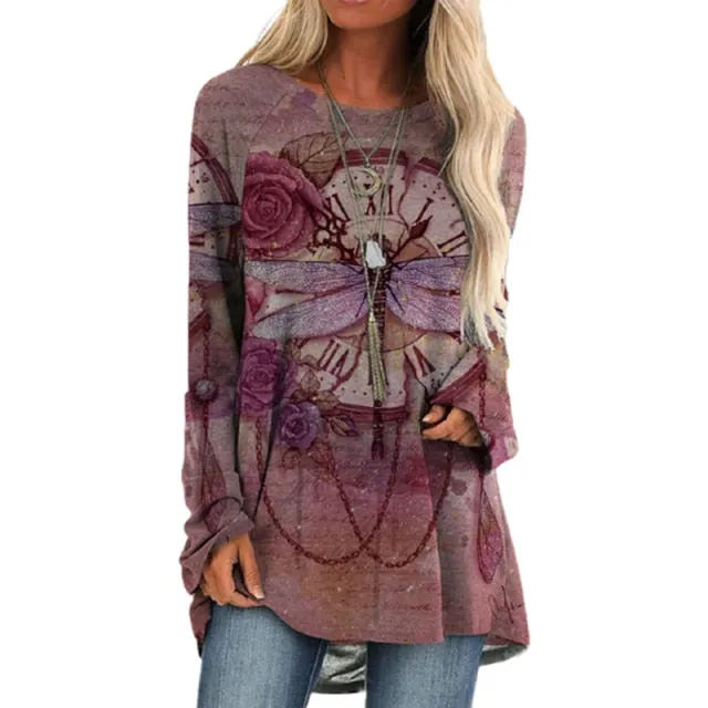 Cartoon Cats On The Tree Print Tshirt Long Sleeve Women Tops Plus Size