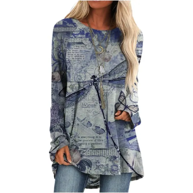 Cartoon Cats On The Tree Print Tshirt Long Sleeve Women Tops Plus Size