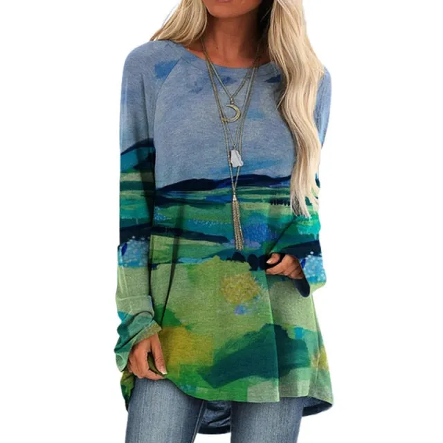 Cartoon Cats On The Tree Print Tshirt Long Sleeve Women Tops Plus Size