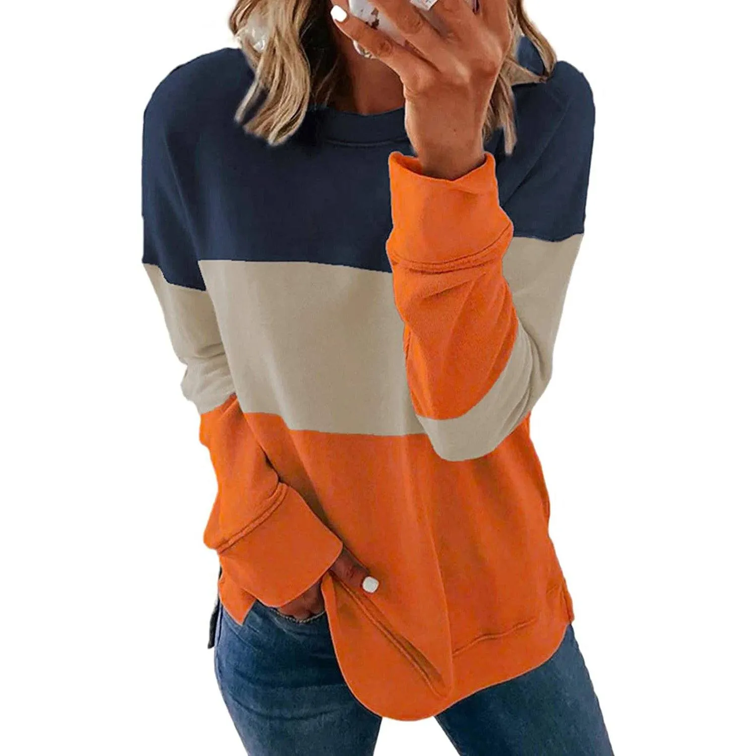 Casual Crewneck Tie Dye Sweatshirt Striped Printed Loose Soft Long Sleeve Pullover Tops Shirts