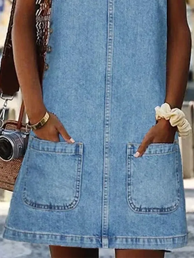 Casual Dress Shift Dress Denim Overall Pinafore Dress Mini Dress Denim Fashion Modern Outdoor Daily Vacation U Neck Pocket Sleeveless Summer Spring  Regular Fit Black Blue Gray Plain S M for Women