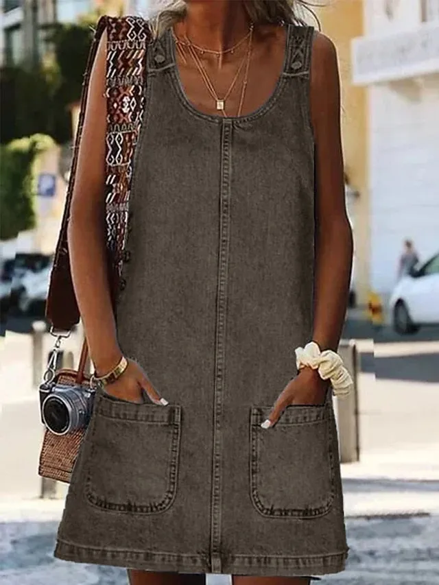 Casual Dress Shift Dress Denim Overall Pinafore Dress Mini Dress Denim Fashion Modern Outdoor Daily Vacation U Neck Pocket Sleeveless Summer Spring  Regular Fit Black Blue Gray Plain S M for Women