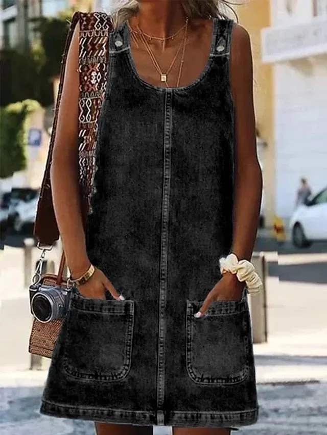 Casual Dress Shift Dress Denim Overall Pinafore Dress Mini Dress Denim Fashion Modern Outdoor Daily Vacation U Neck Pocket Sleeveless Summer Spring  Regular Fit Black Blue Gray Plain S M for Women