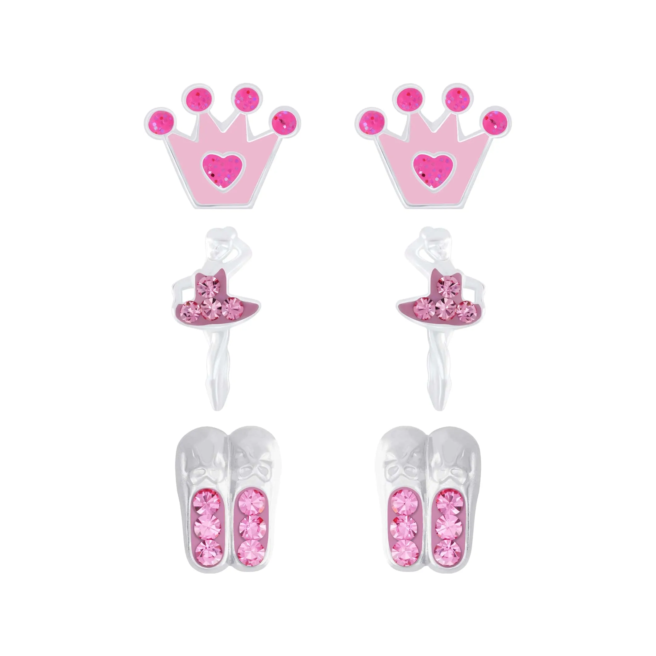 Children's Sterling Silver Set of 3 Pairs of Ballet Themed Stud Earrings