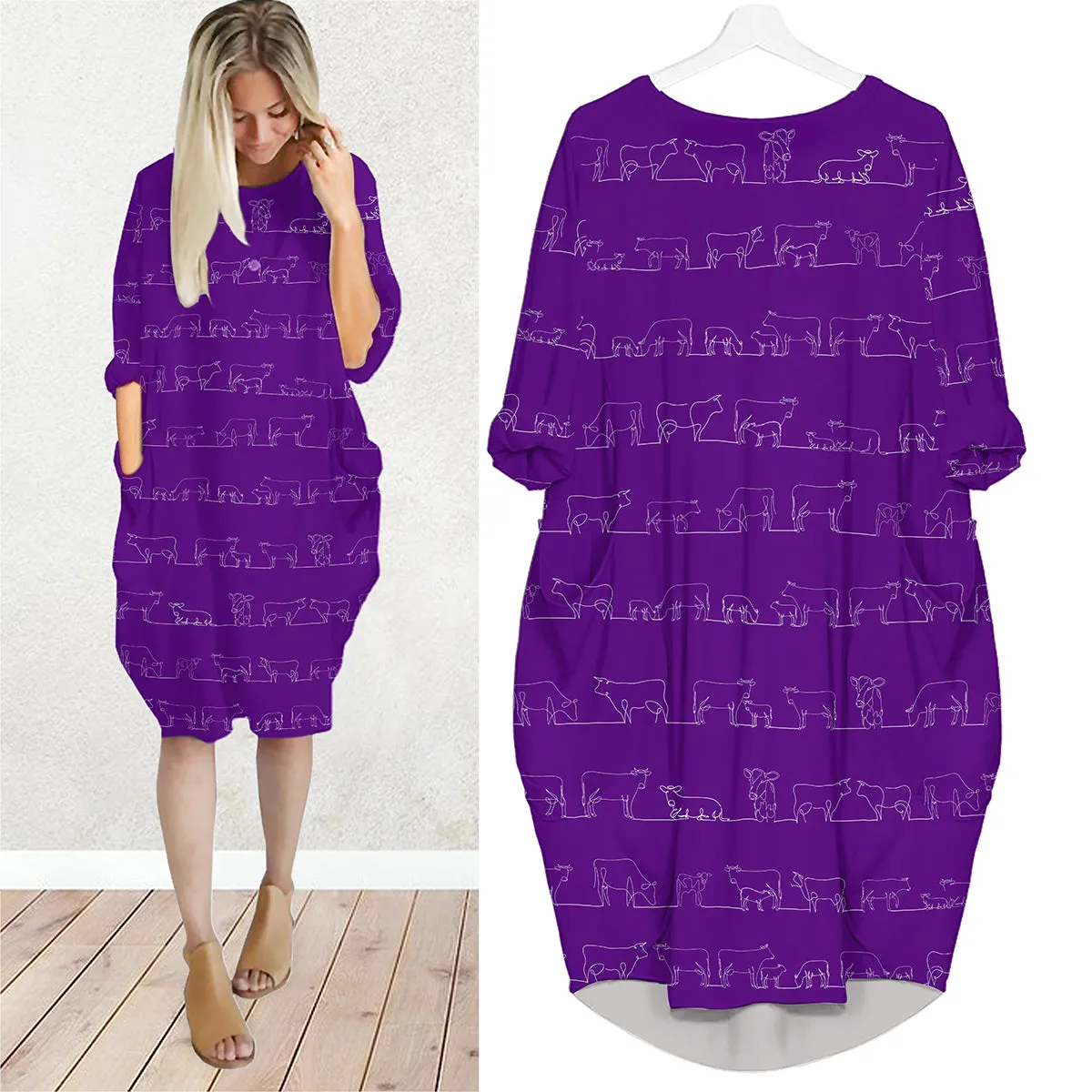 Cow line drawing - Batwing Pocket Dress Long Sleeve