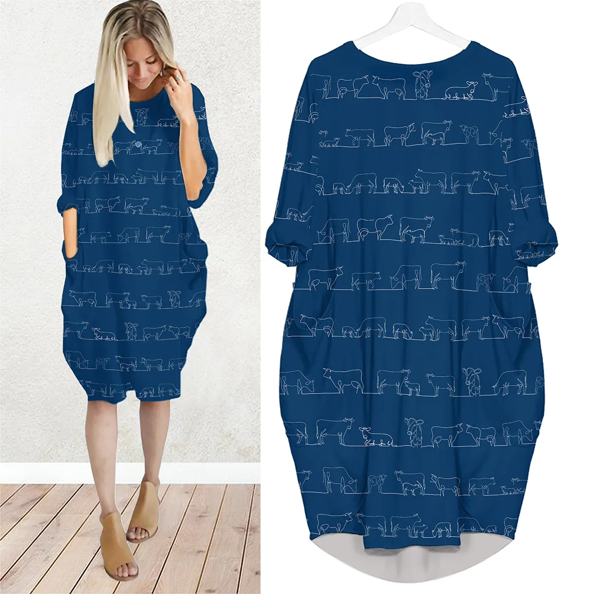 Cow line drawing - Batwing Pocket Dress Long Sleeve