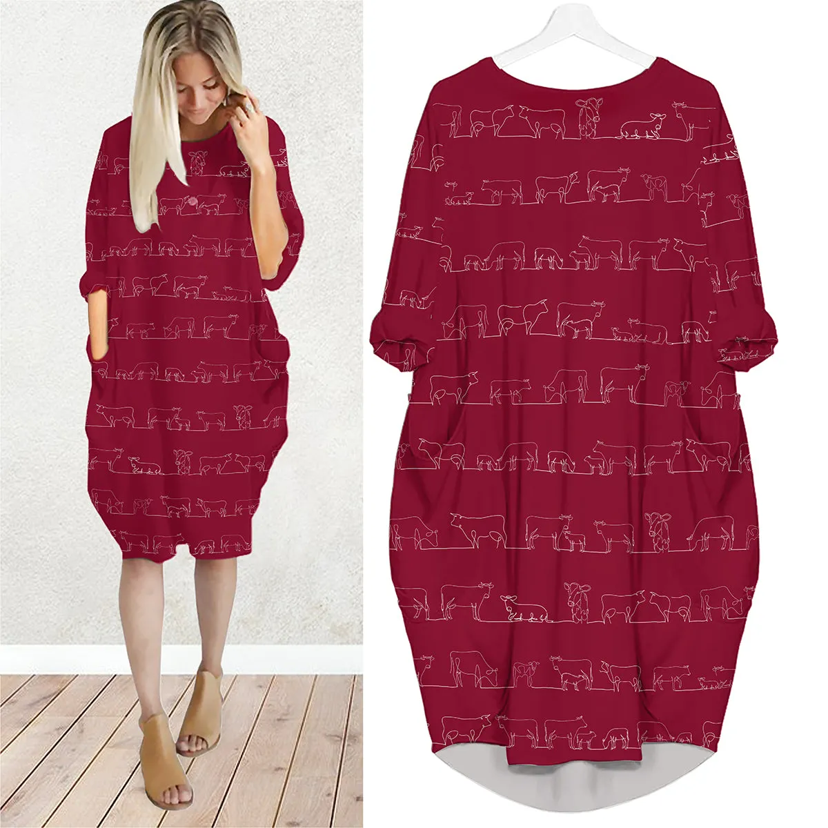 Cow line drawing - Batwing Pocket Dress Long Sleeve
