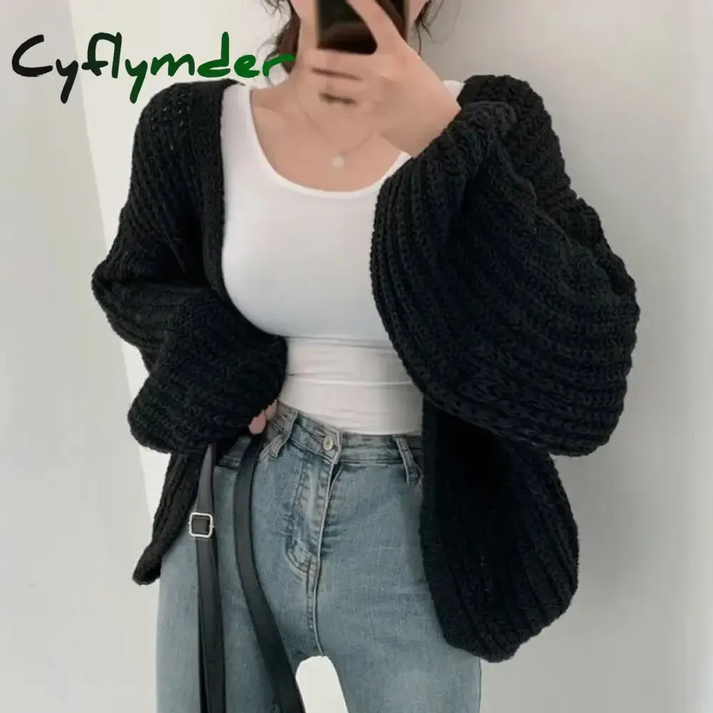 Cyflymder Vintage Women Cardigan Sweater Harajuku Lantern Sleeve Casual Korean Fall Streetwear Tops Coat Chic Lazy Wind Y2k Sweater