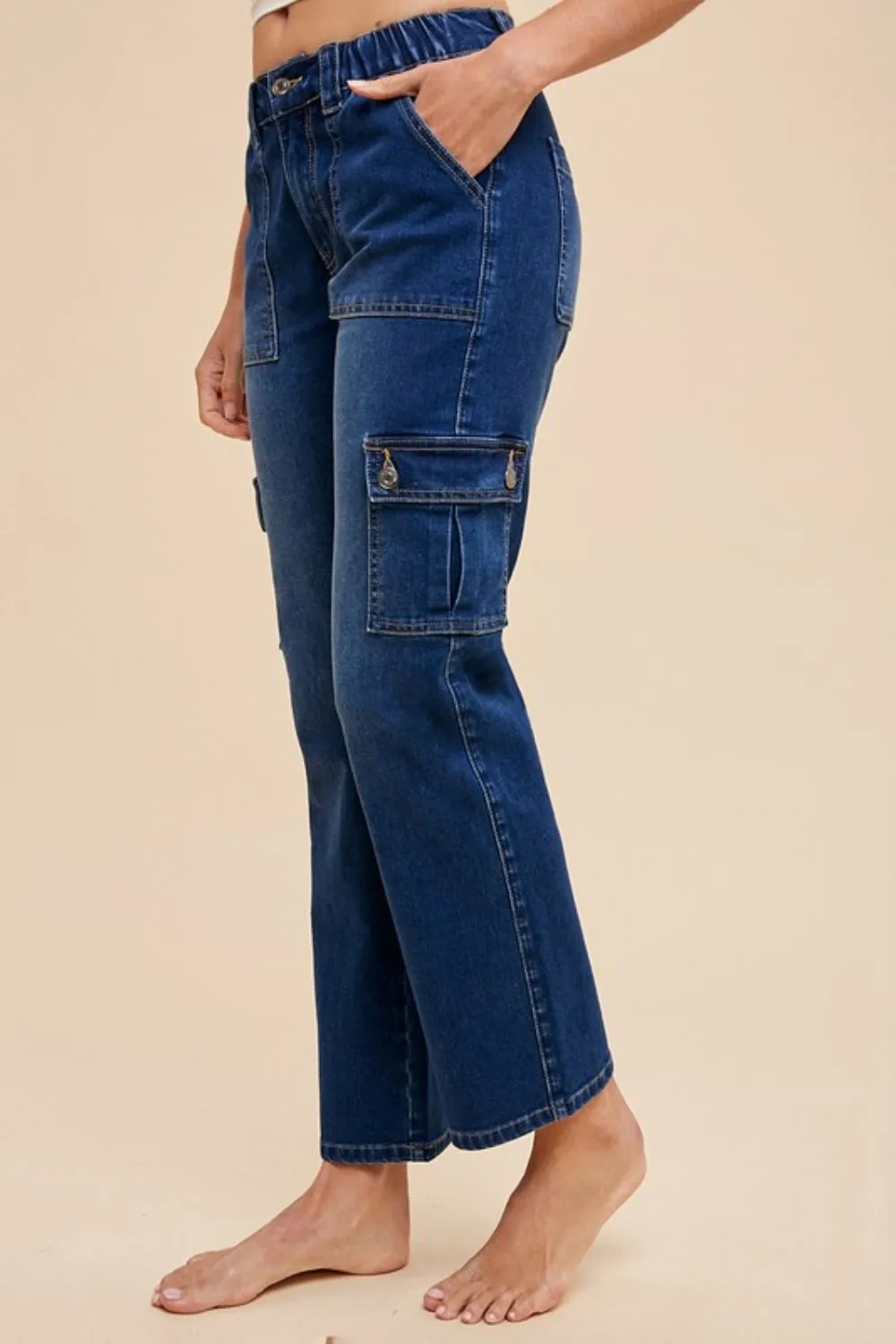Dark Wash Straight Leg Cargo Jeans – Utility-Inspired Denim with Functional Pockets