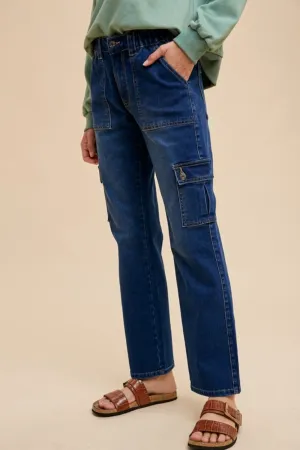 Dark Wash Straight Leg Cargo Jeans – Utility-Inspired Denim with Functional Pockets