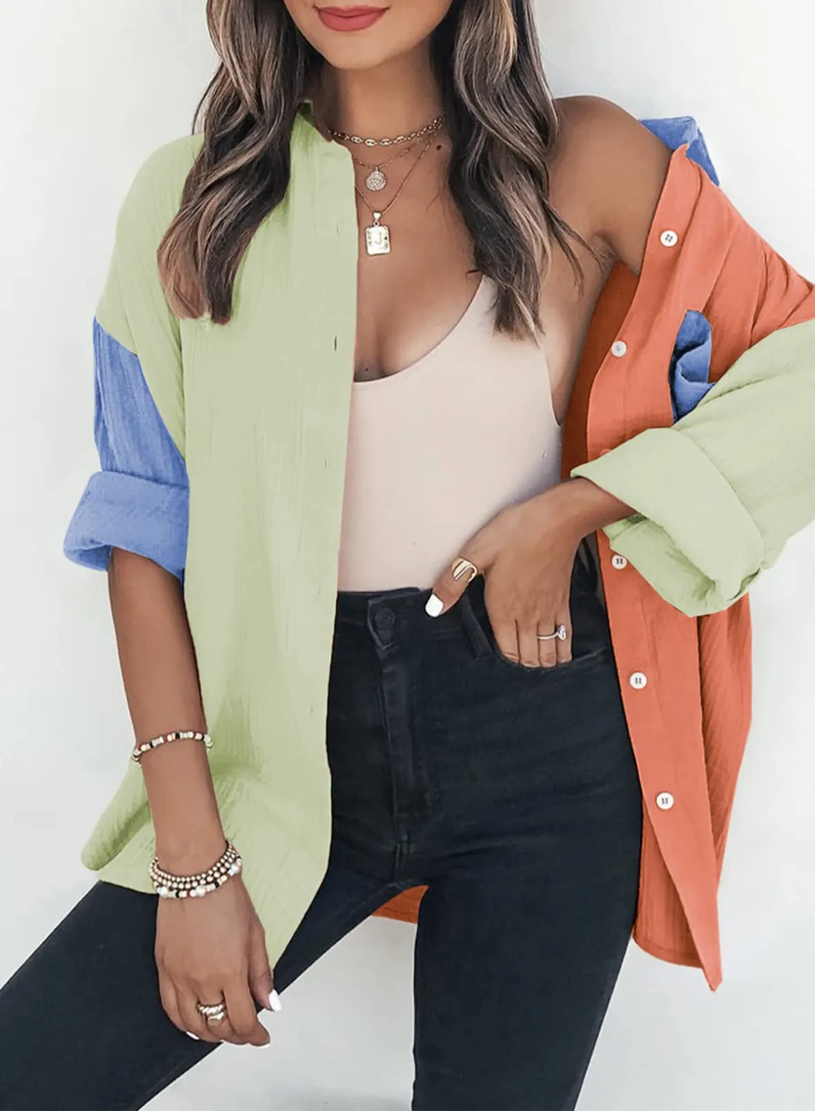 Dokotoo Womens Casual 2024 Spring Button Down V Neck Collared Long Sleeve Shirts for Women Ladies Soft Loose fit Fashion Autumn Basic Blouses Summer Tops with Pockets Orange M