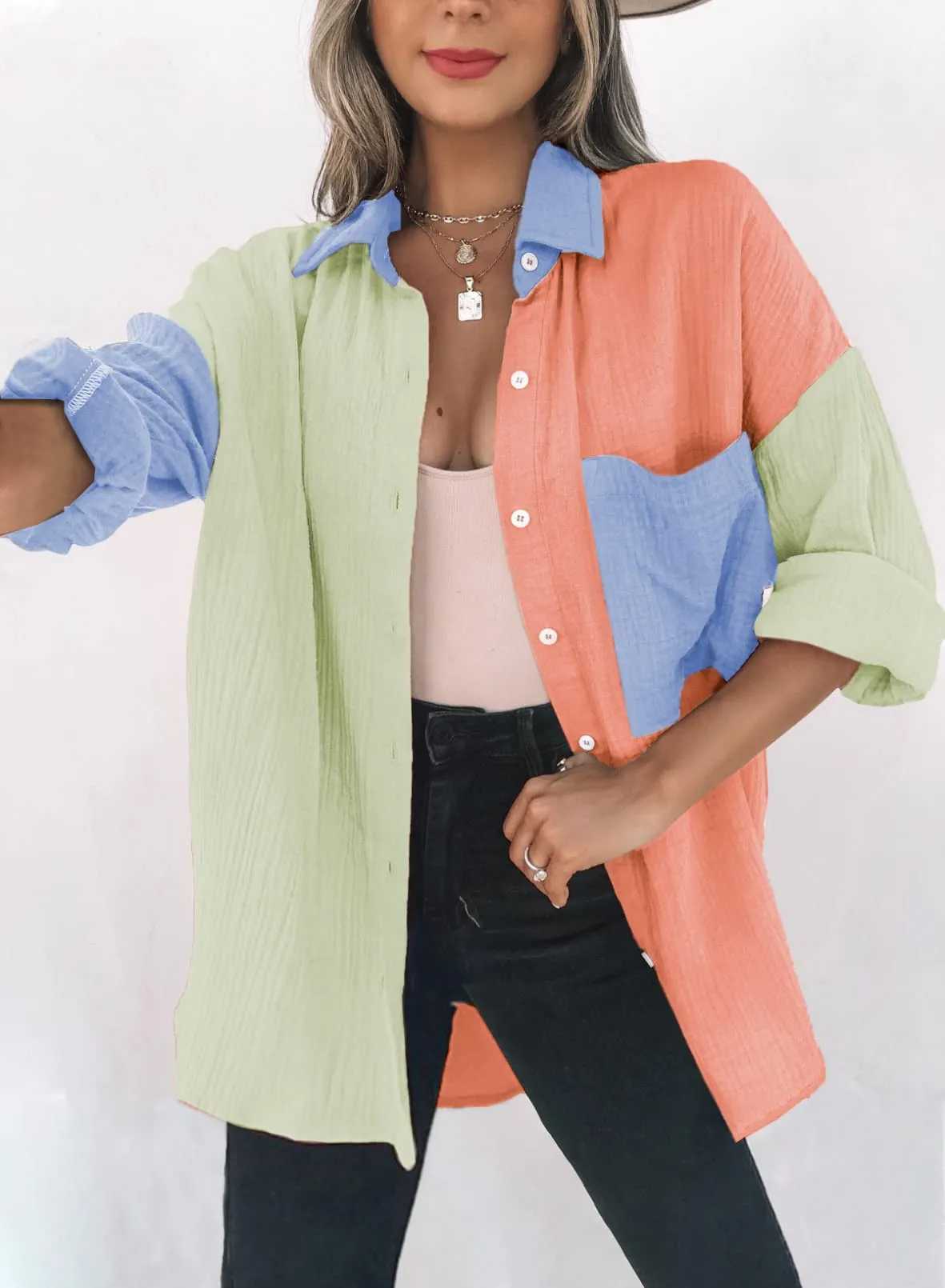 Dokotoo Womens Casual 2024 Spring Button Down V Neck Collared Long Sleeve Shirts for Women Ladies Soft Loose fit Fashion Autumn Basic Blouses Summer Tops with Pockets Orange M