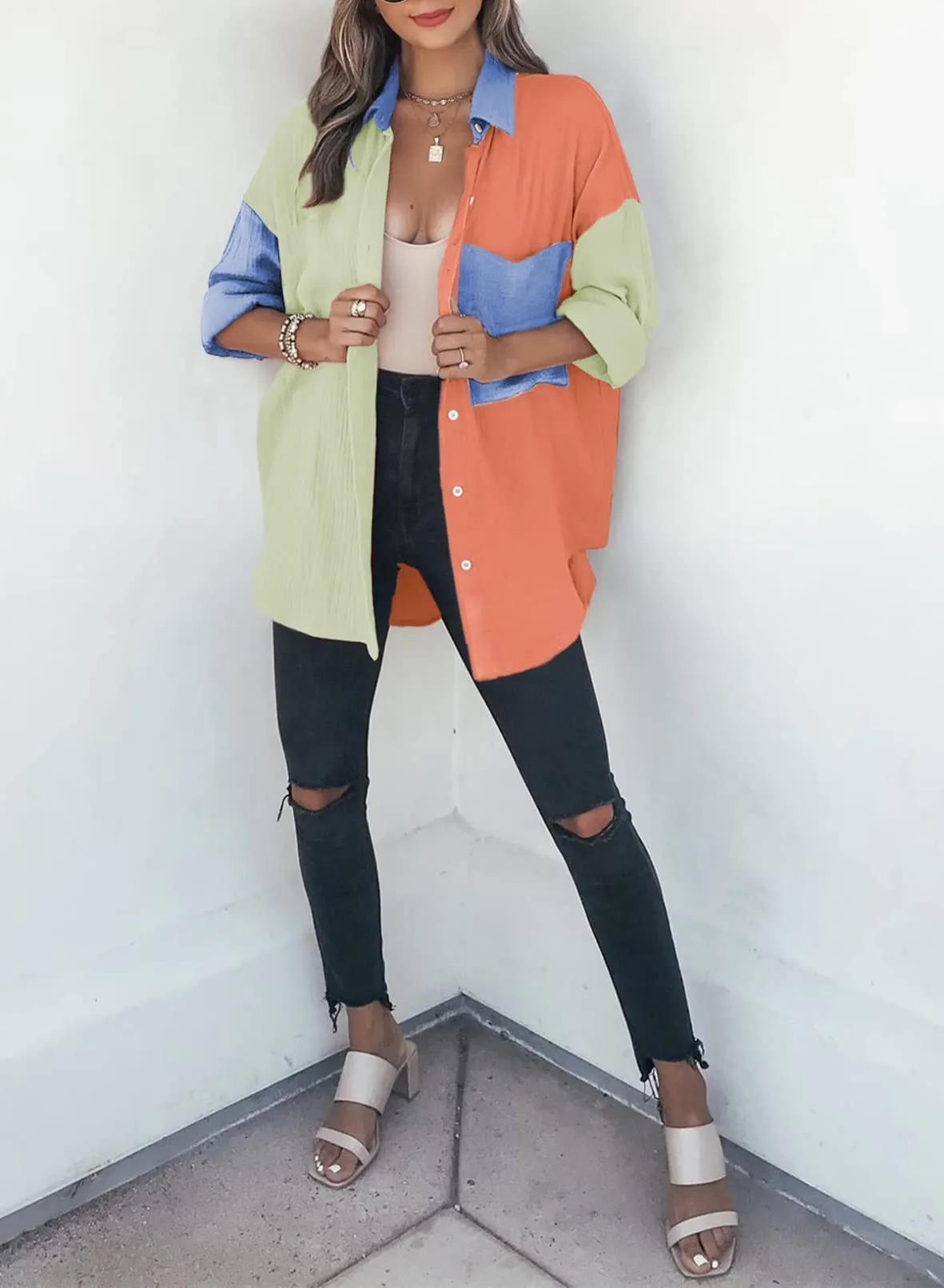 Dokotoo Womens Casual 2024 Spring Button Down V Neck Collared Long Sleeve Shirts for Women Ladies Soft Loose fit Fashion Autumn Basic Blouses Summer Tops with Pockets Orange M